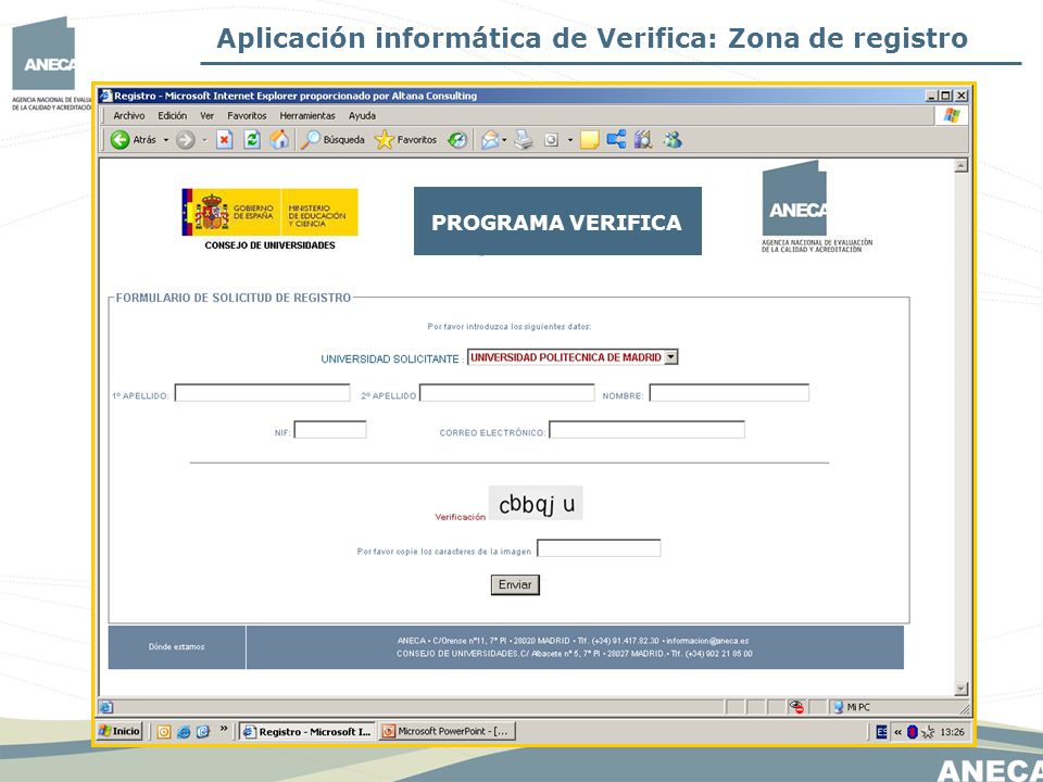 Aplicación informática de Verifica: Zona de registro