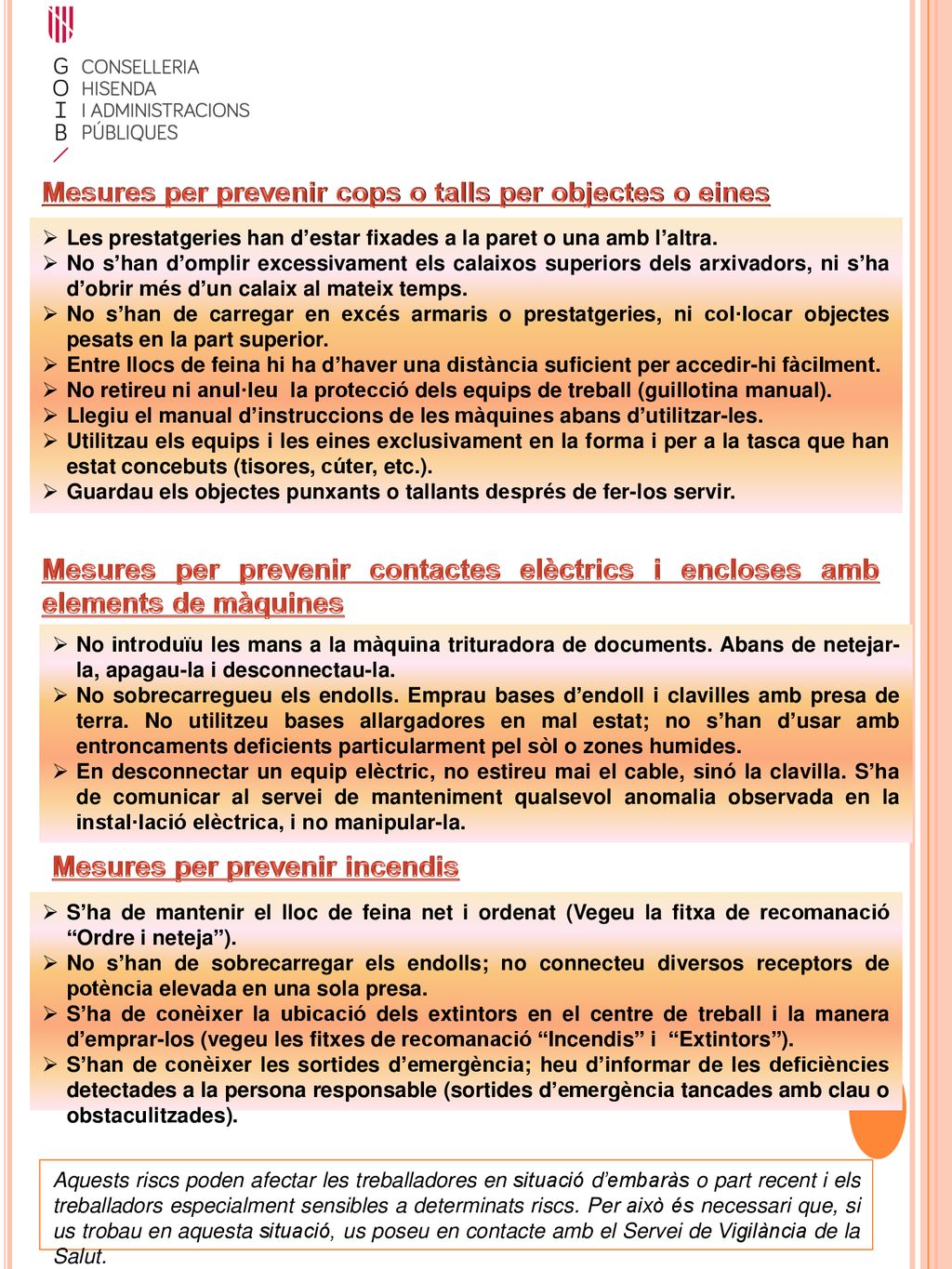 Mesures per prevenir cops o talls per objectes o eines