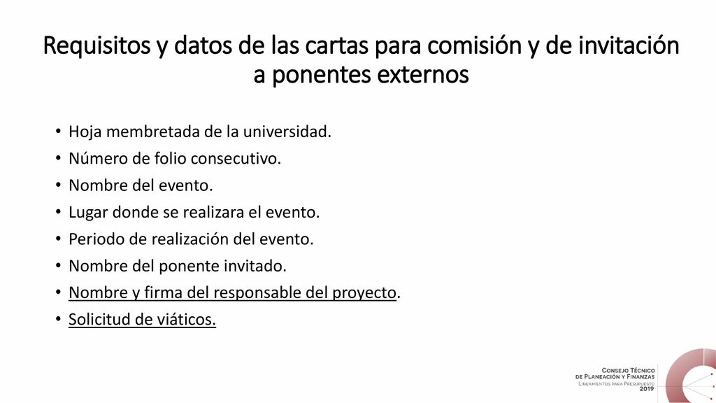 Requisitos y datos de las cartas para comisión y de invitación a ponentes externos