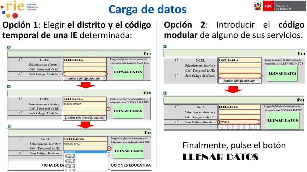 Carga de datos Opción 1: Elegir el distrito y el código temporal de una IE determinada: