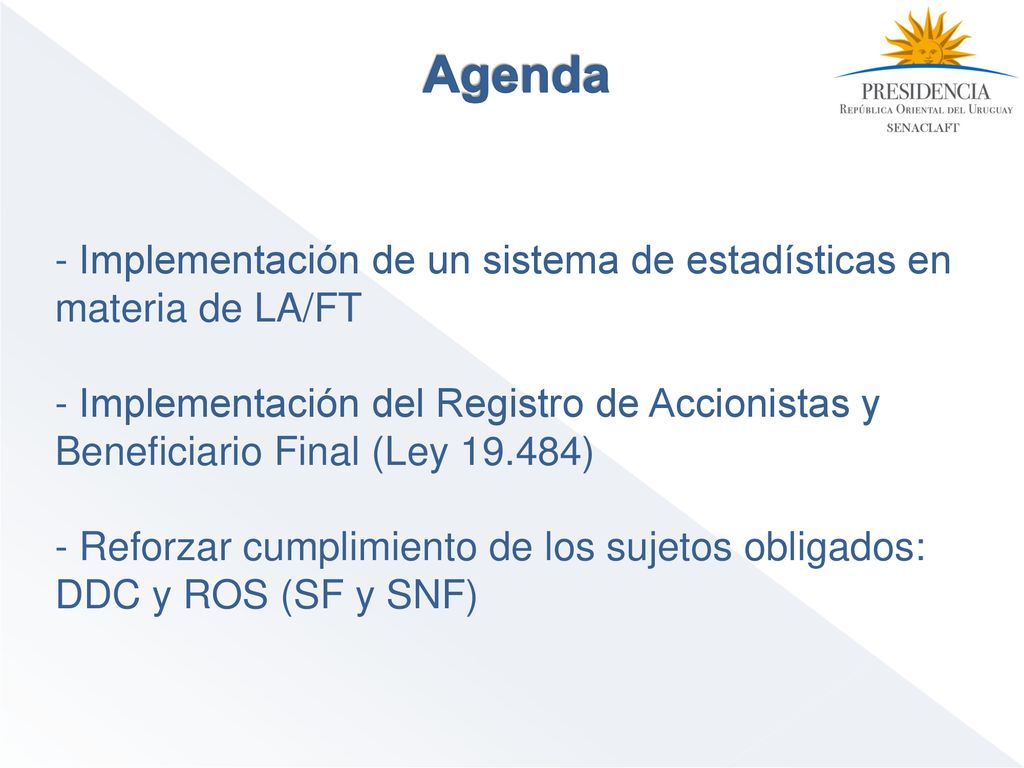 Agenda Implementación de un sistema de estadísticas en materia de LA/FT.