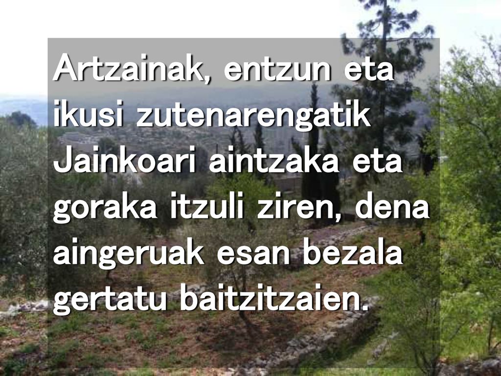 Artzainak, entzun eta ikusi zutenarengatik Jainkoari aintzaka eta goraka itzuli ziren, dena aingeruak esan bezala gertatu baitzitzaien.