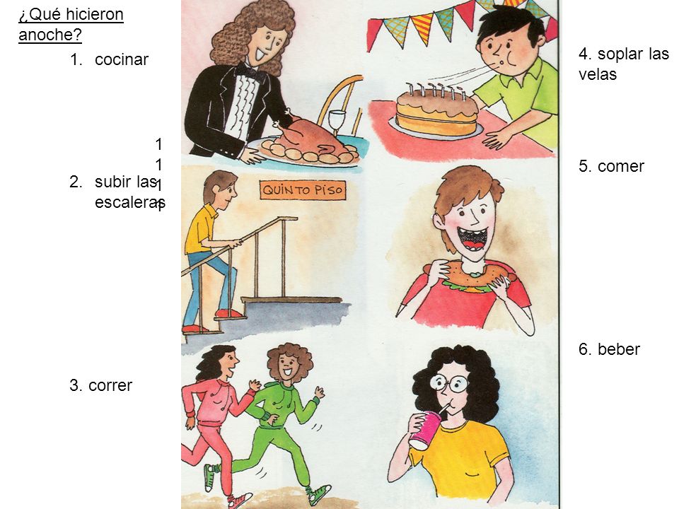 ¿Qué hicieron anoche 4. soplar las velas. 5. comer. 6. beber. cocinar. subir las escaleras. 3. correr.
