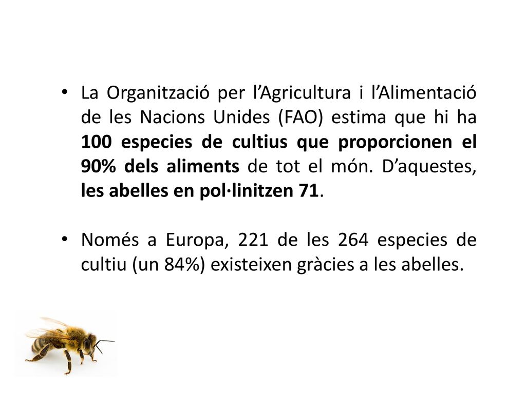 La Organització per l’Agricultura i l’Alimentació de les Nacions Unides (FAO) estima que hi ha 100 especies de cultius que proporcionen el 90% dels aliments de tot el món. D’aquestes, les abelles en pol·linitzen 71.