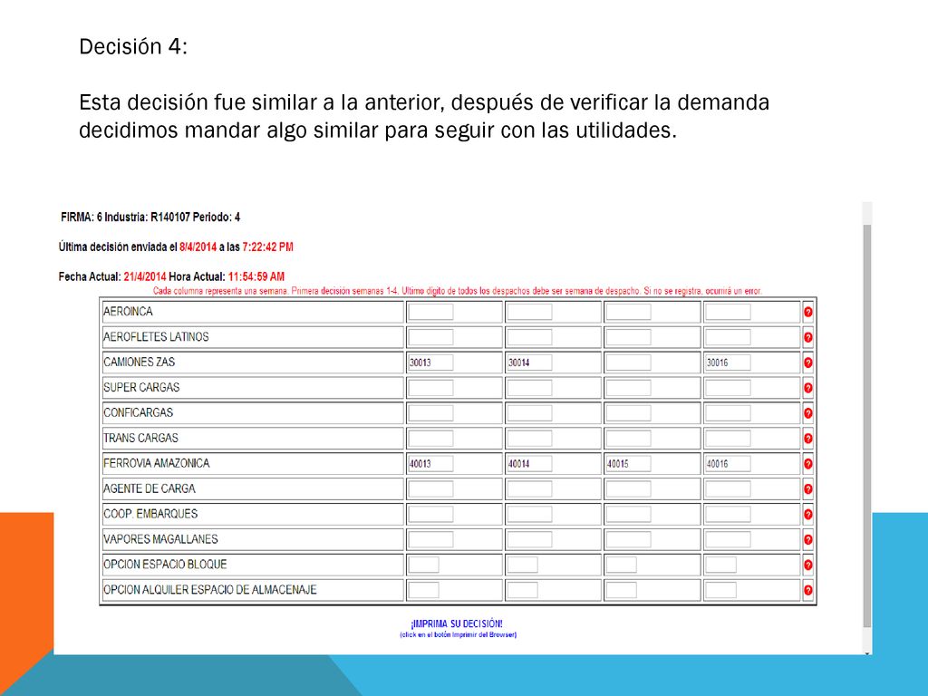 Decisión 4: Esta decisión fue similar a la anterior, después de verificar la demanda decidimos mandar algo similar para seguir con las utilidades.