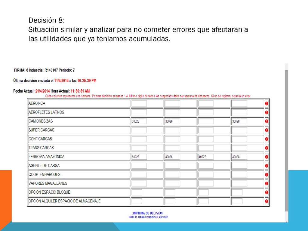 Decisión 8: Situación similar y analizar para no cometer errores que afectaran a las utilidades que ya teniamos acumuladas.