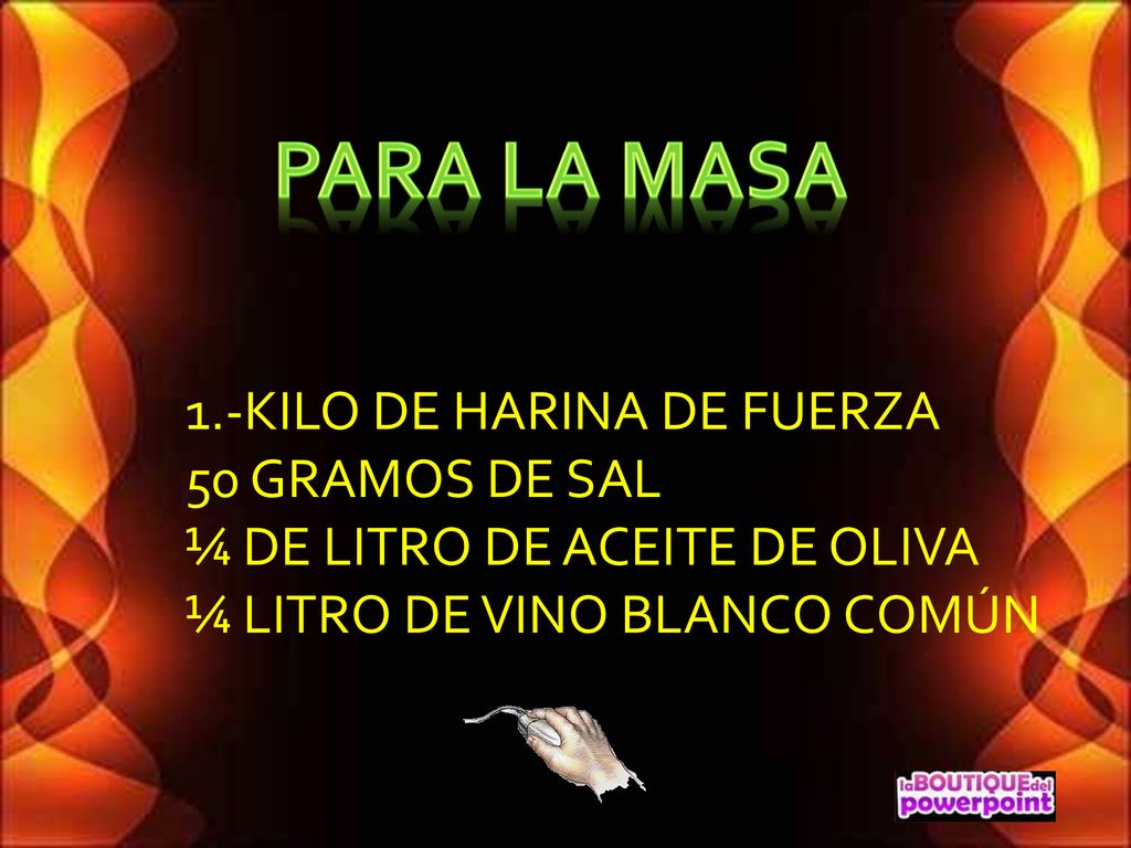 PARA LA MASA 1.-KILO DE HARINA DE FUERZA 50 GRAMOS DE SAL