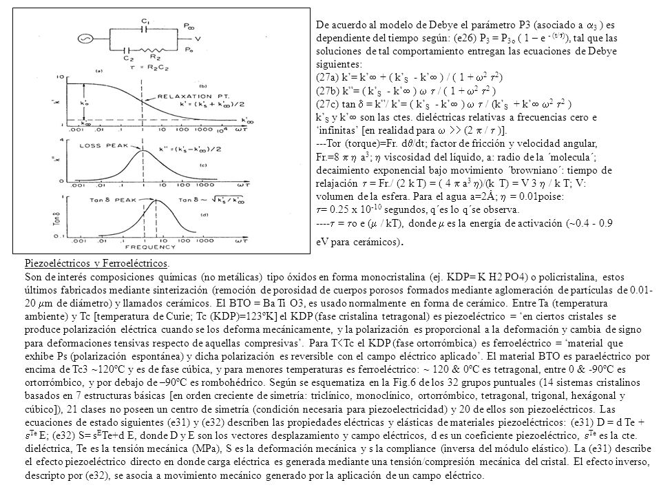 De acuerdo al modelo de Debye el parámetro P3 (asociado a 3 ) es dependiente del tiempo según: (e26) P3 = P3o ( 1 – e - (t/)), tal que las soluciones de tal comportamiento entregan las ecuaciones de Debye siguientes: