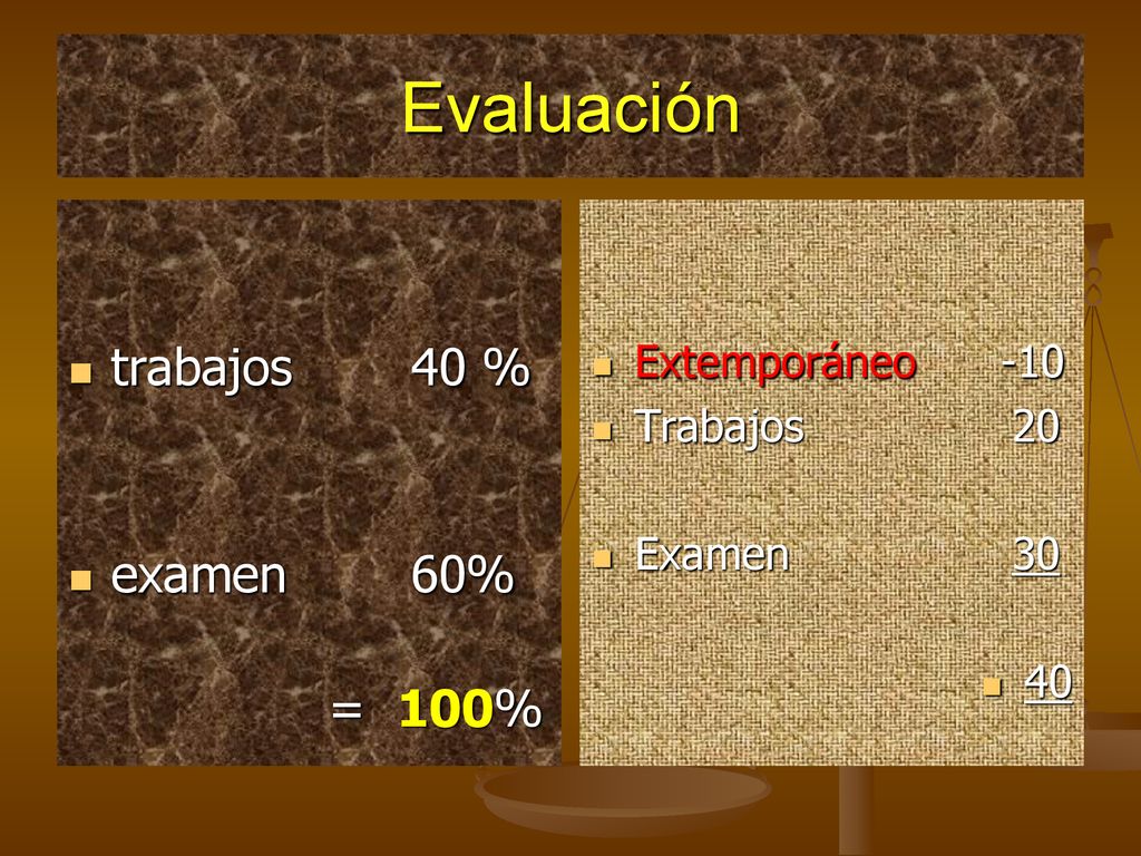 Evaluación trabajos 40 % examen 60% = 100% Extemporáneo -10