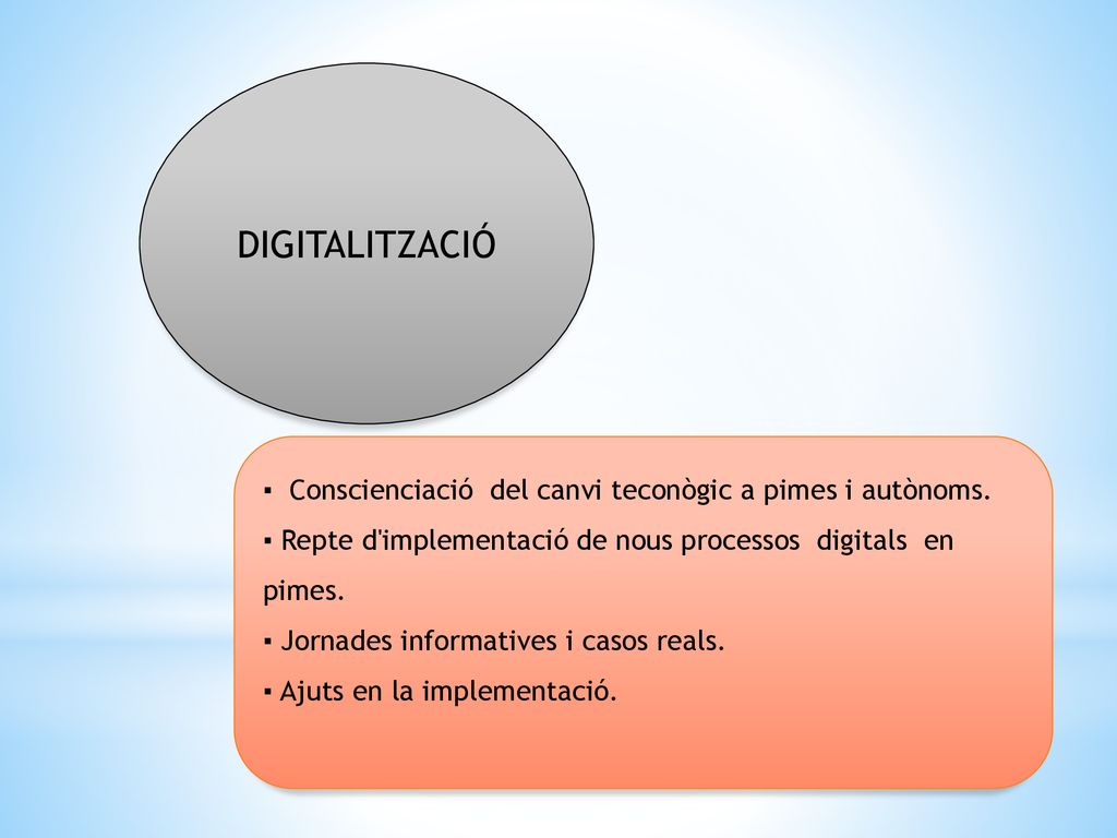 DIGITALITZACIÓ ▪ Conscienciació del canvi teconògic a pimes i autònoms. ▪ Repte d implementació de nous processos digitals en pimes.