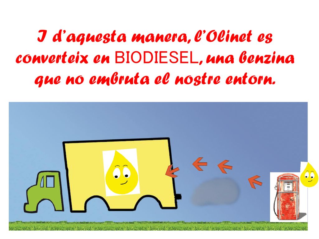 I d’aquesta manera, l’Olinet es converteix en BIODIESEL, una benzina que no embruta el nostre entorn.