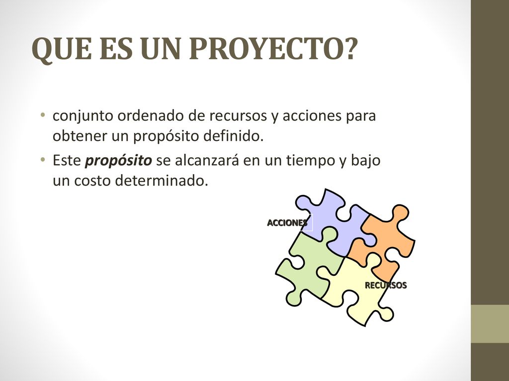 QUE ES UN PROYECTO conjunto ordenado de recursos y acciones para obtener un propósito definido.