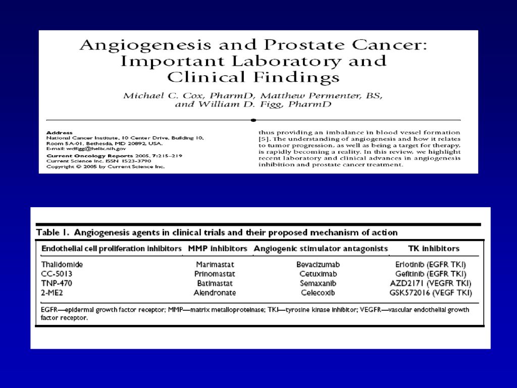 A couple of years ago a very elegant study by Cox et al reported diffferent antiangiogenic agents to be used in hormonoresistant prostate cancer as you can see in this slide.