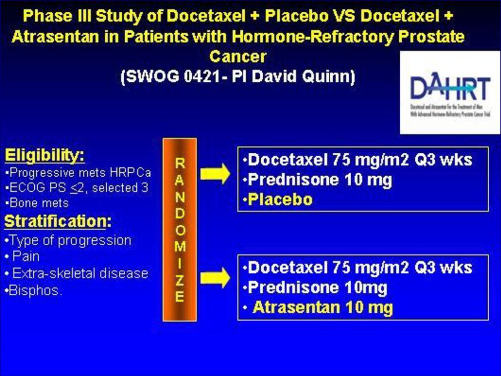 Another phase III study conducted by the SWOG is the combination of docetaxel prednisone with or without atrasentan.