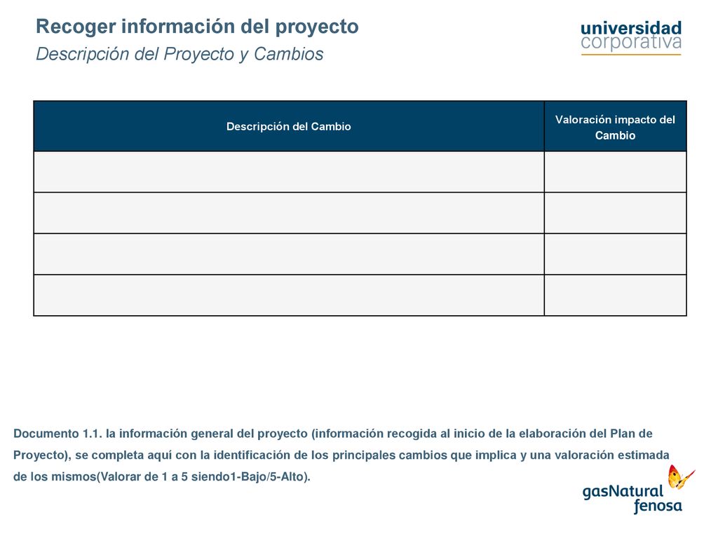 Recoger información del proyecto Descripción del Proyecto y Cambios