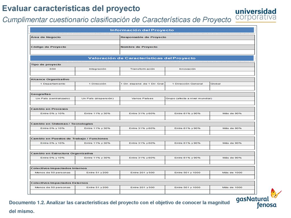 Evaluar características del proyecto Cumplimentar cuestionario clasificación de Características de Proyecto