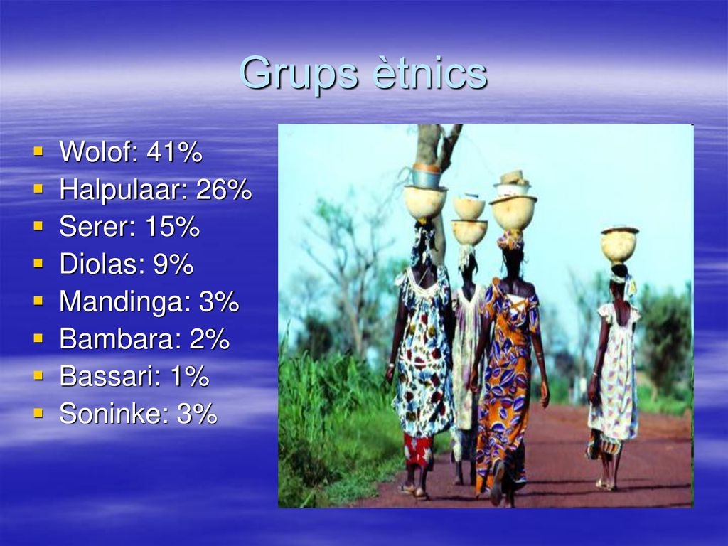 Grups ètnics Wolof: 41% Halpulaar: 26% Serer: 15% Diolas: 9%