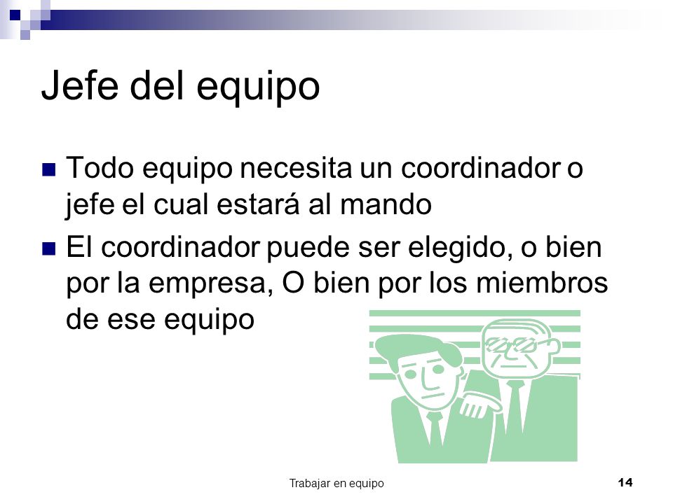 Jefe del equipo Todo equipo necesita un coordinador o jefe el cual estará al mando.