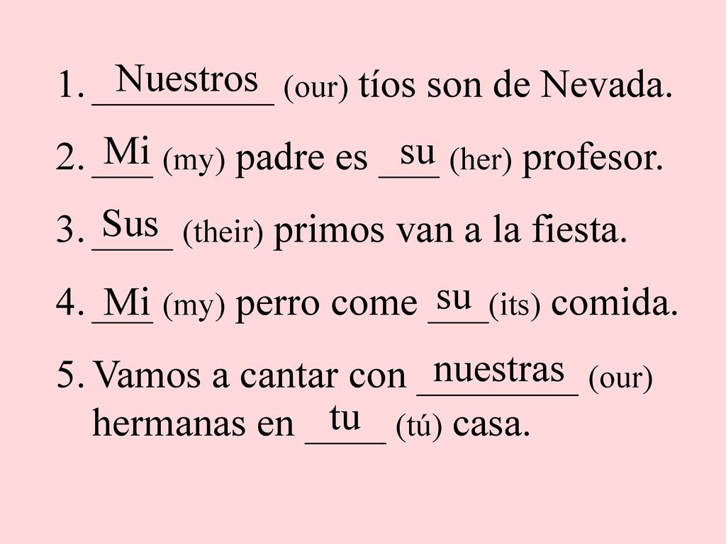 Nuestros _________ (our) tíos son de Nevada. ___ (my) padre es ___ (her) profesor. ____ (their) primos van a la fiesta.
