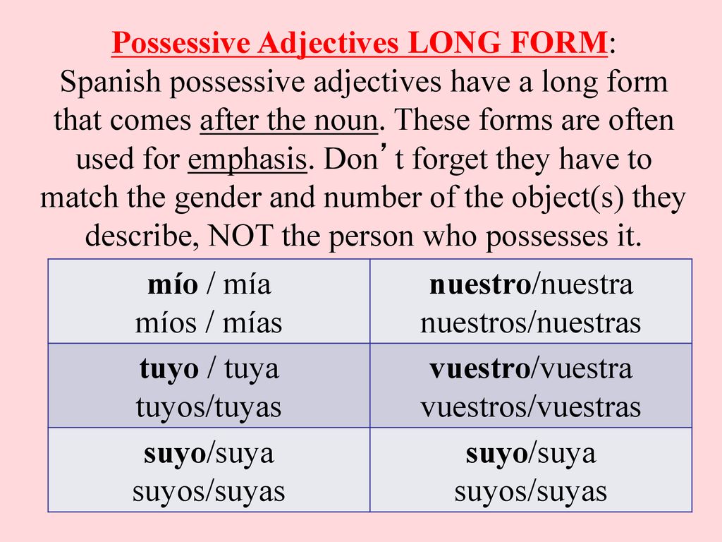 Possessive Adjectives LONG FORM: Spanish possessive adjectives have a long form that comes after the noun. These forms are often used for emphasis. Don’t forget they have to match the gender and number of the object(s) they describe, NOT the person who possesses it.