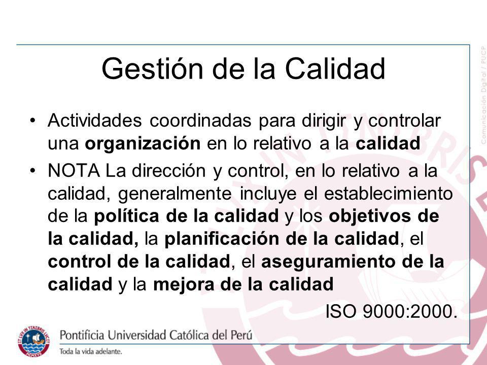 Gestión de la Calidad Actividades coordinadas para dirigir y controlar una organización en lo relativo a la calidad.
