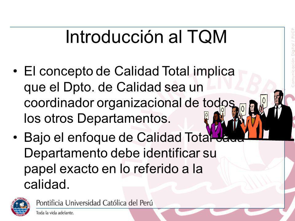 Introducción al TQM El concepto de Calidad Total implica que el Dpto. de Calidad sea un coordinador organizacional de todos los otros Departamentos.