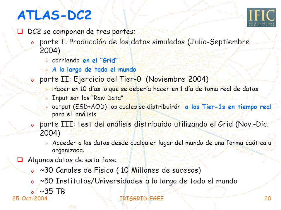 ATLAS-DC2 DC2 se componen de tres partes: parte I: Producción de los datos simulados (Julio-Septiembre 2004)