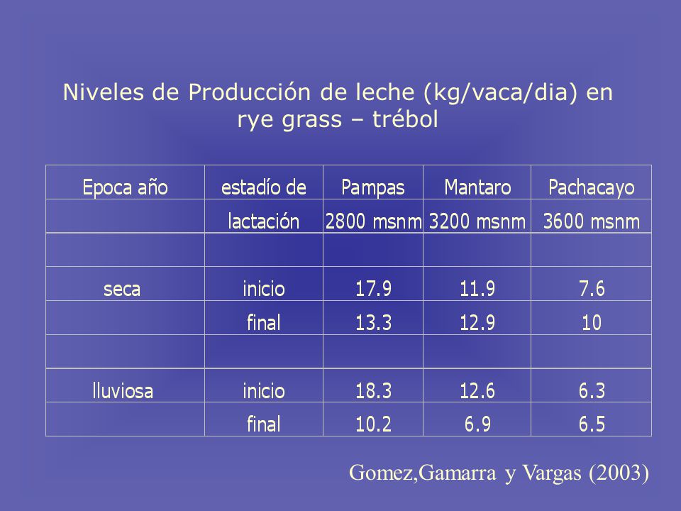 Niveles de Producción de leche (kg/vaca/dia) en rye grass – trébol