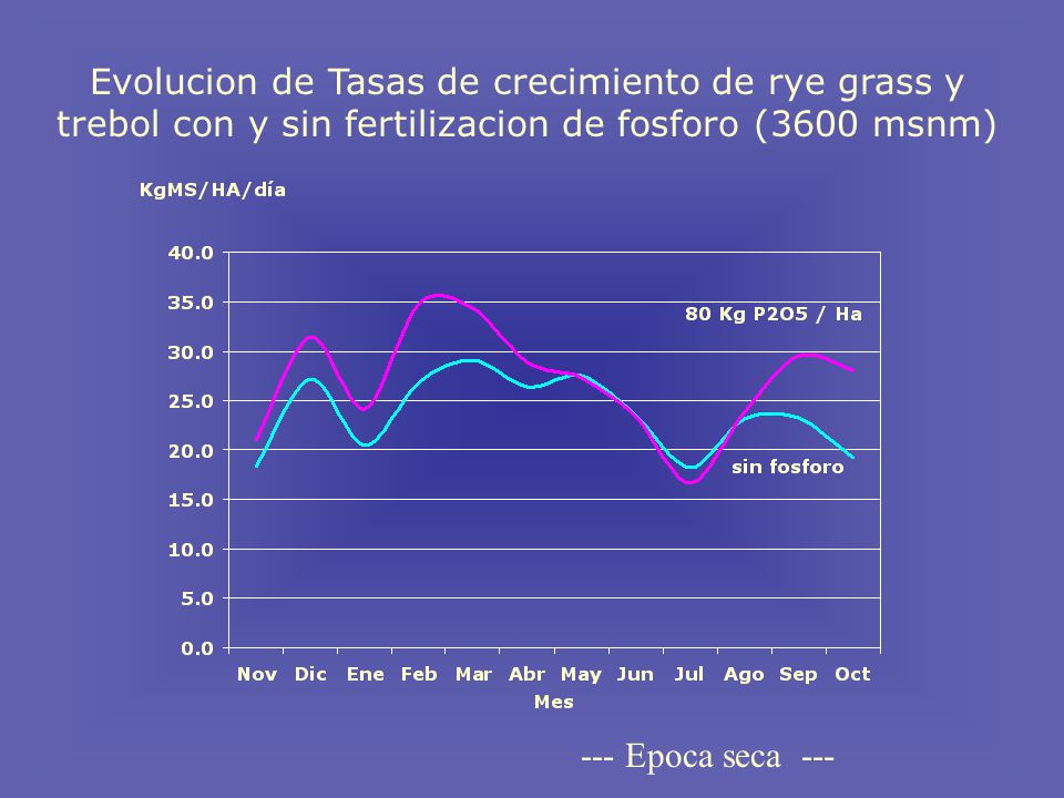 Evolucion de Tasas de crecimiento de rye grass y trebol con y sin fertilizacion de fosforo (3600 msnm)