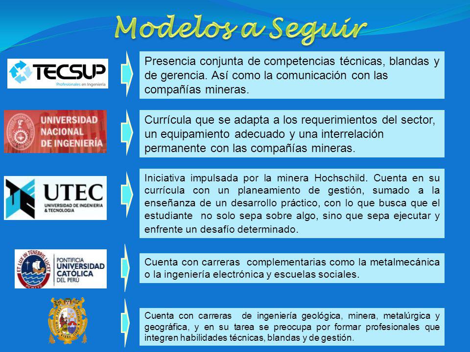 Modelos a Seguir Presencia conjunta de competencias técnicas, blandas y de gerencia. Así como la comunicación con las compañías mineras.