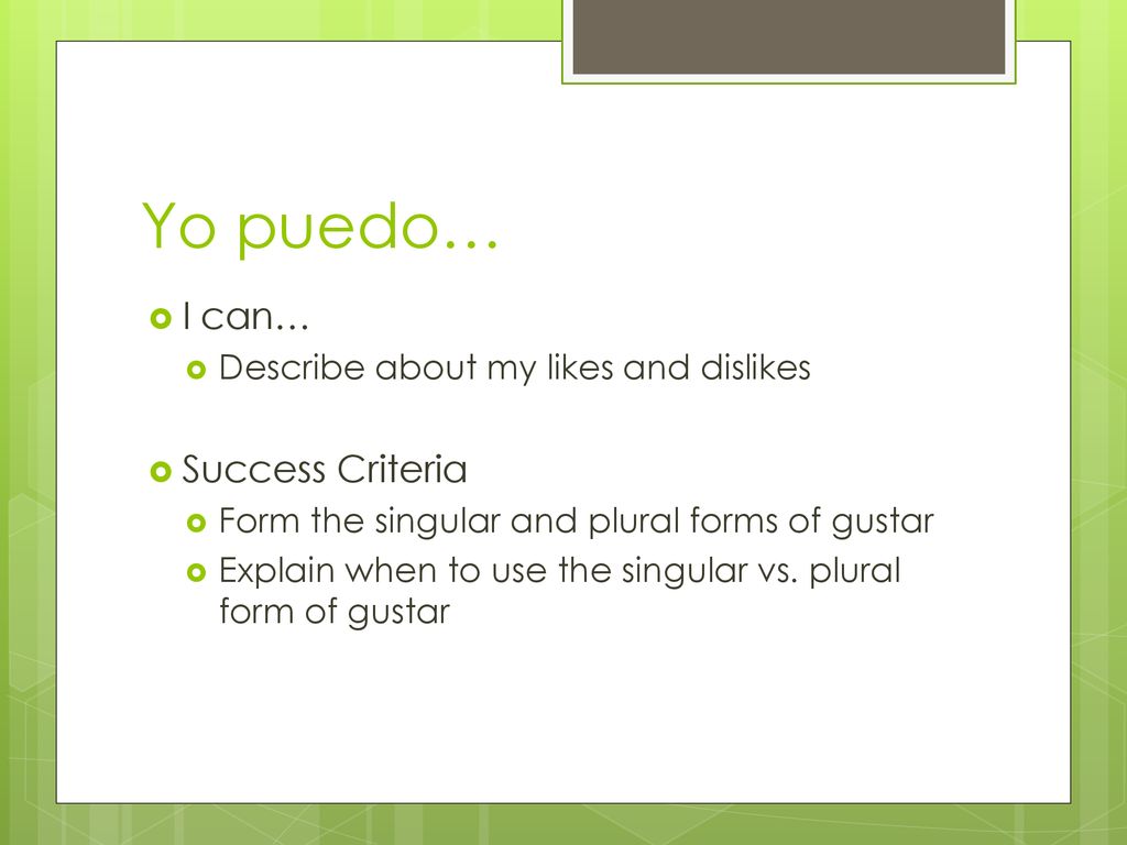 Yo puedo… I can… Success Criteria Describe about my likes and dislikes