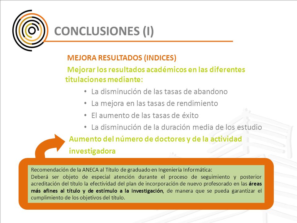 CONCLUSIONES (I) MEJORA RESULTADOS (INDICES) Mejorar los resultados académicos en las diferentes titulaciones mediante: