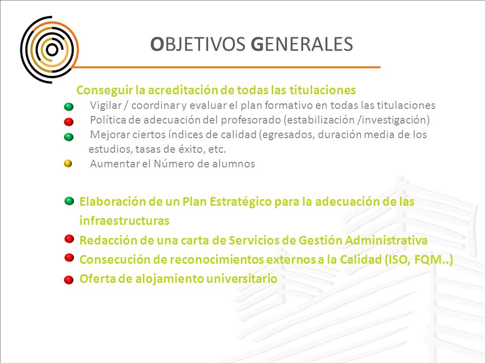 OBJETIVOS GENERALES Conseguir la acreditación de todas las titulaciones. Vigilar / coordinar y evaluar el plan formativo en todas las titulaciones.
