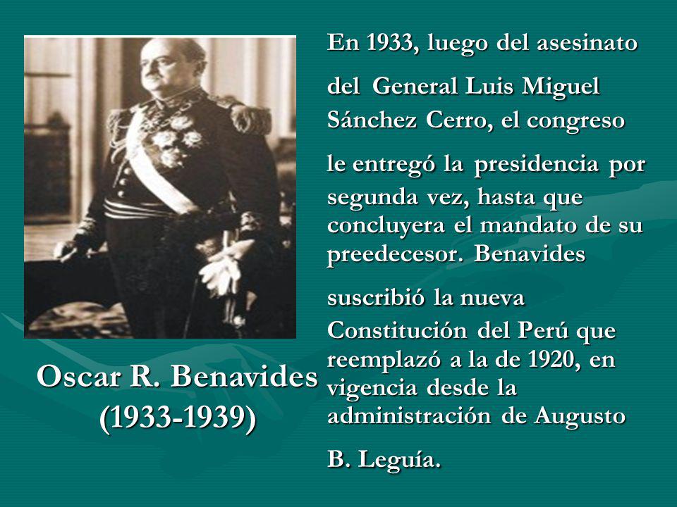 En 1933, luego del asesinato del General Luis Miguel Sánchez Cerro, el congreso le entregó la presidencia por segunda vez, hasta que concluyera el mandato de su preedecesor. Benavides suscribió la nueva Constitución del Perú que reemplazó a la de 1920, en vigencia desde la administración de Augusto B. Leguía.