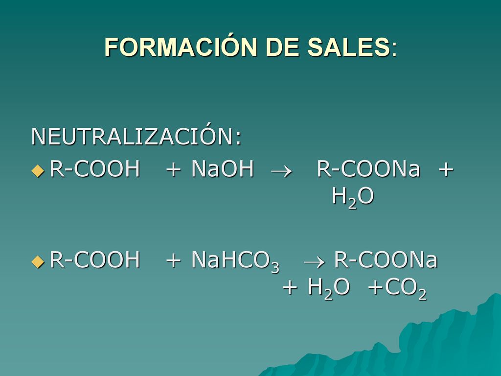FORMACIÓN DE SALES: NEUTRALIZACIÓN: R-COOH + NaOH  R-COONa + H2O