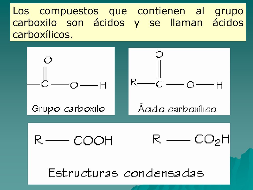 Los compuestos que contienen al grupo carboxilo son ácidos y se llaman ácidos carboxílicos.