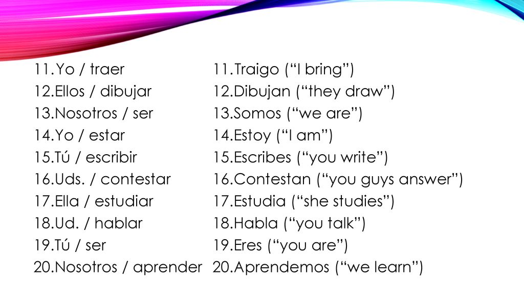 Yo / traer Ellos / dibujar. Nosotros / ser. Yo / estar. Tú / escribir. Uds. / contestar. Ella / estudiar.