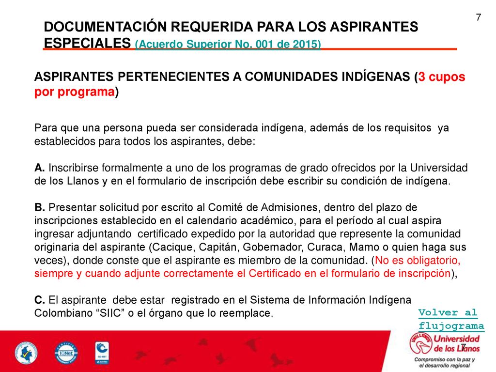 7 DOCUMENTACIÓN REQUERIDA PARA LOS ASPIRANTES ESPECIALES (Acuerdo Superior No. 001 de 2015)