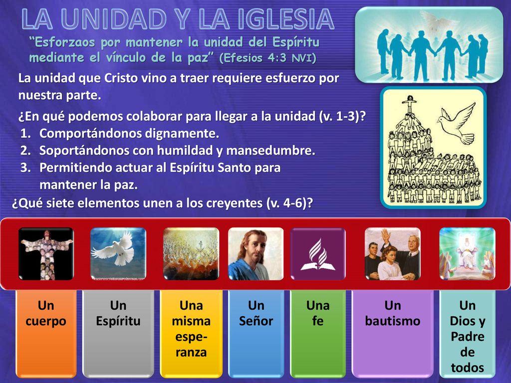 LA UNIDAD Y LA IGLESIA Esforzaos por mantener la unidad del Espíritu mediante el vínculo de la paz (Efesios 4:3 NVI)