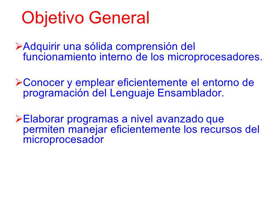 Objetivo General Adquirir una sólida comprensión del funcionamiento interno de los microprocesadores.