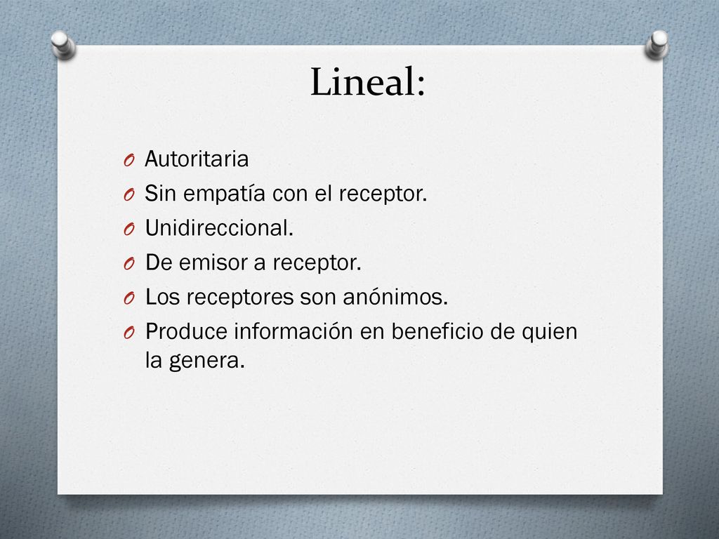 Lineal: Autoritaria Sin empatía con el receptor. Unidireccional.