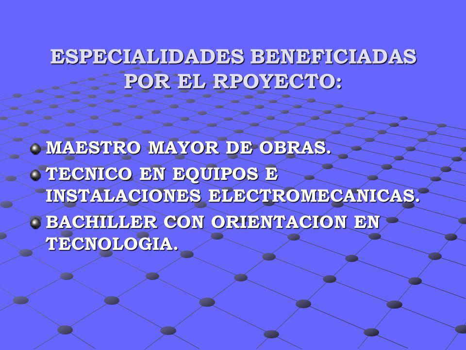 ESPECIALIDADES BENEFICIADAS POR EL RPOYECTO: