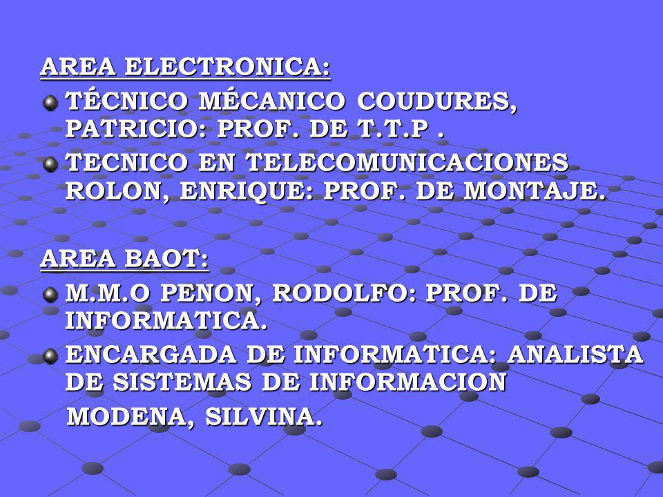 AREA ELECTRONICA: TÉCNICO MÉCANICO COUDURES, PATRICIO: PROF. DE T.T.P . TECNICO EN TELECOMUNICACIONES ROLON, ENRIQUE: PROF. DE MONTAJE.