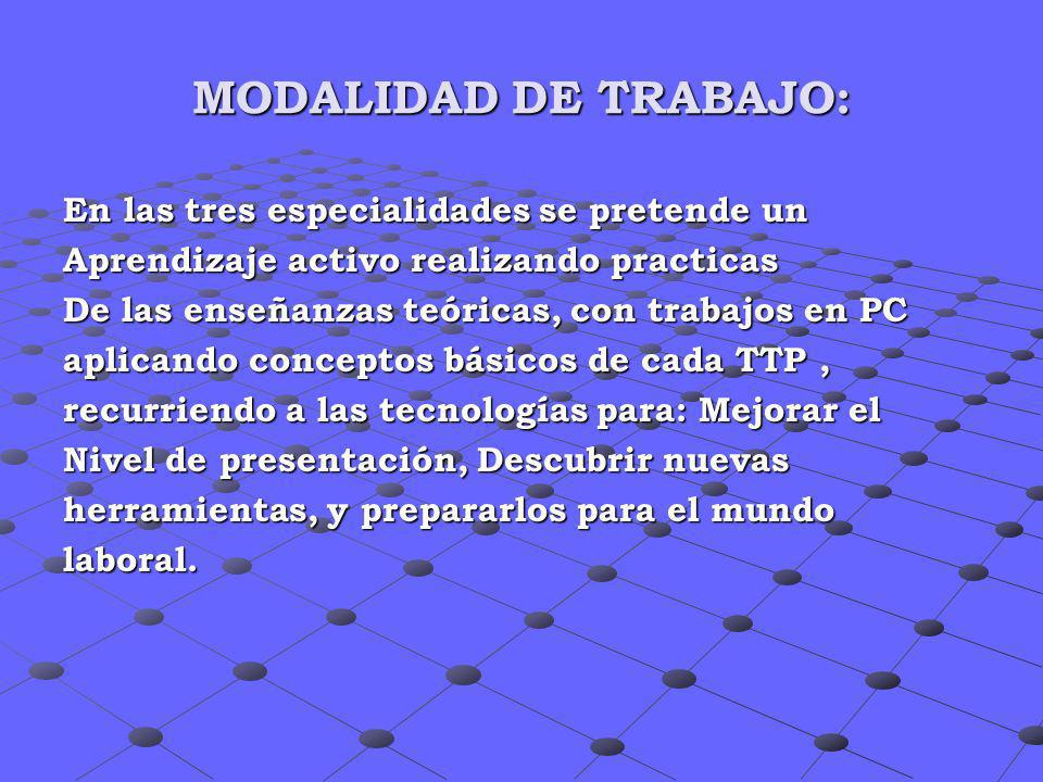 MODALIDAD DE TRABAJO: En las tres especialidades se pretende un
