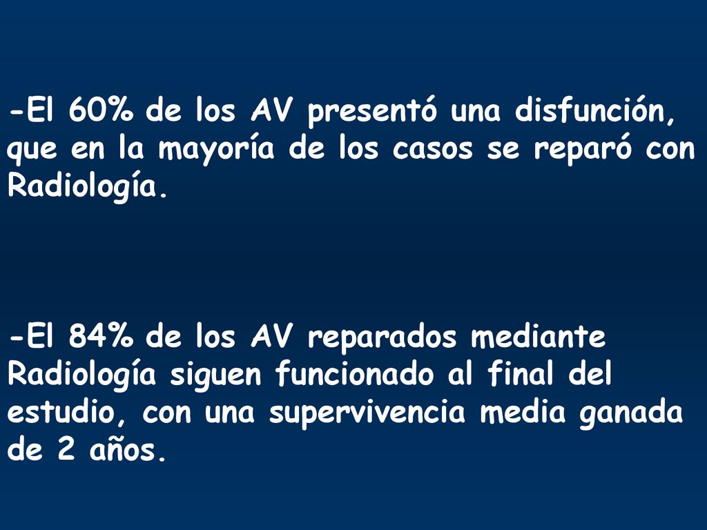 -El 60% de los AV presentó una disfunción, que en la mayoría de los casos se reparó con Radiología.