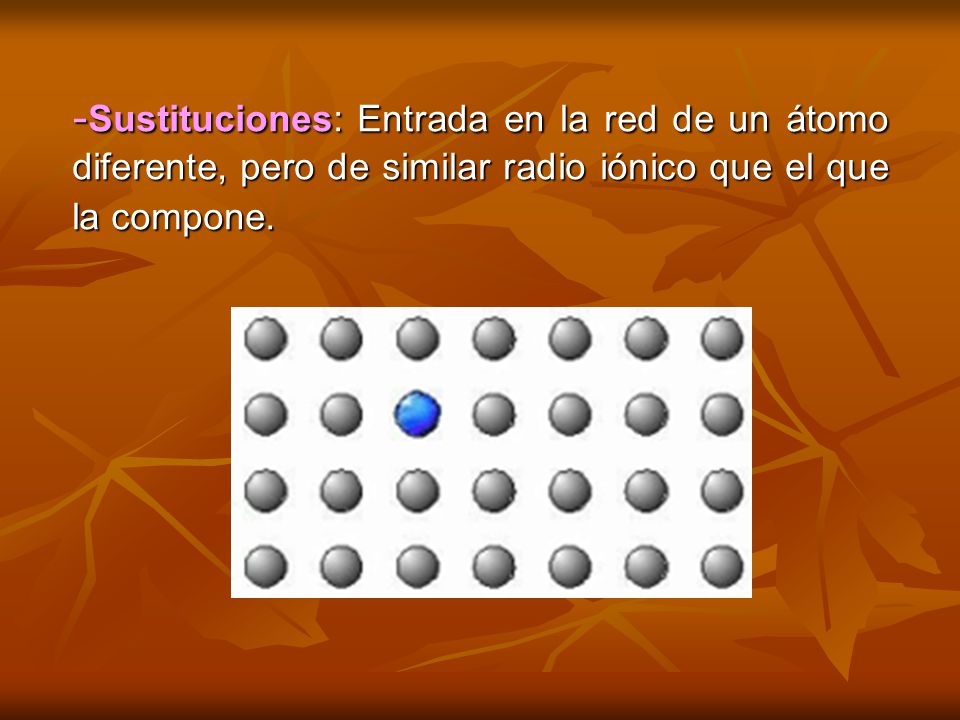 -Sustituciones: Entrada en la red de un átomo diferente, pero de similar radio iónico que el que la compone.