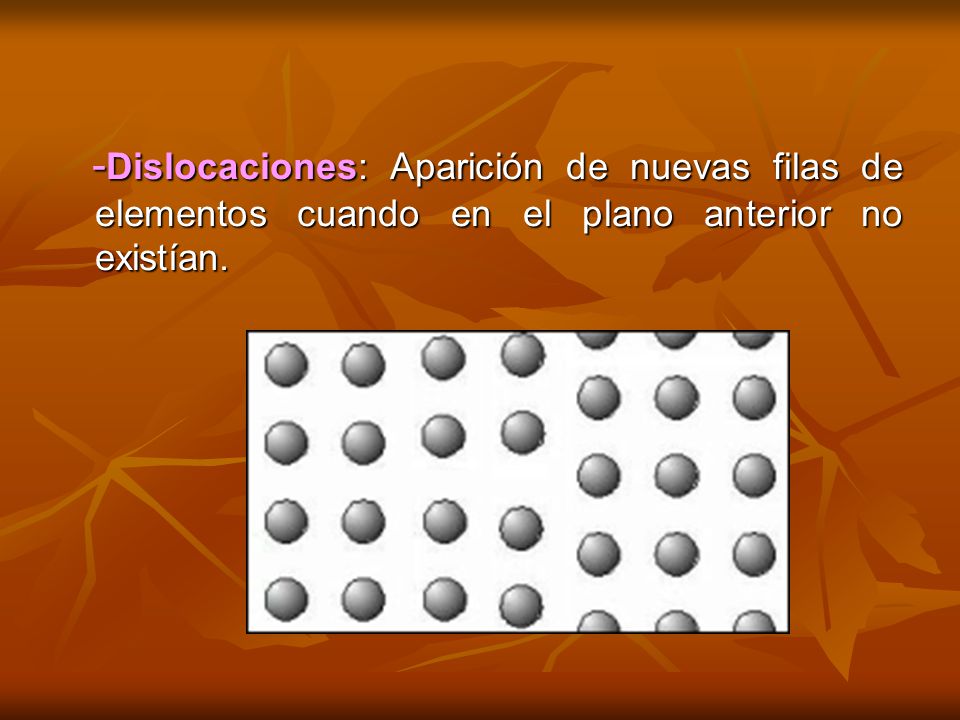 -Dislocaciones: Aparición de nuevas filas de elementos cuando en el plano anterior no existían.