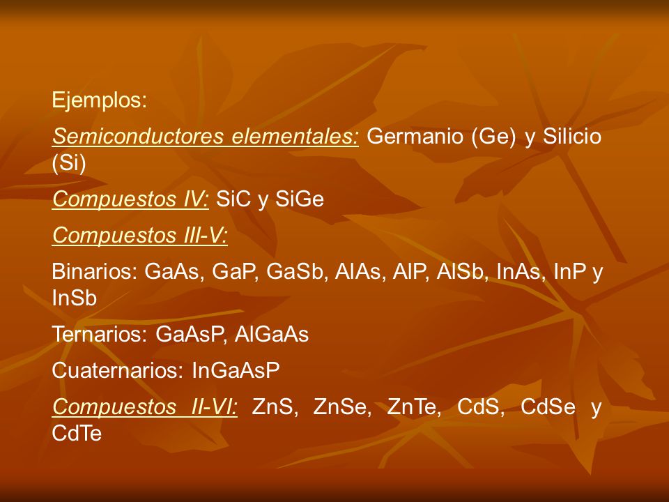 Ejemplos: Semiconductores elementales: Germanio (Ge) y Silicio (Si) Compuestos IV: SiC y SiGe. Compuestos III-V: