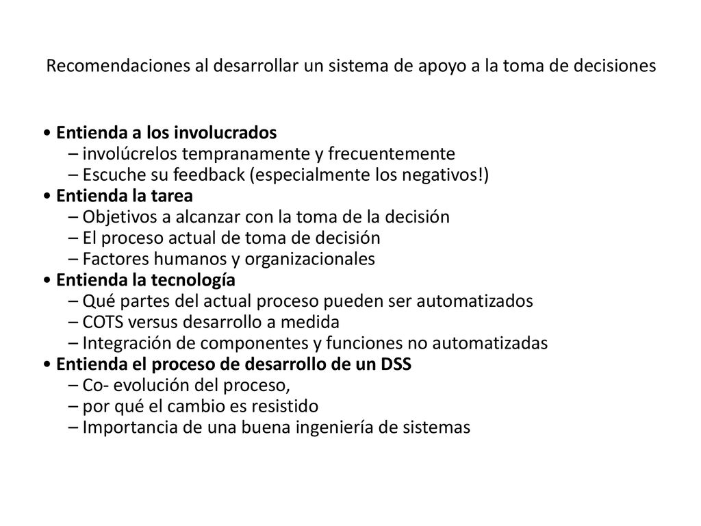 Recomendaciones al desarrollar un sistema de apoyo a la toma de decisiones