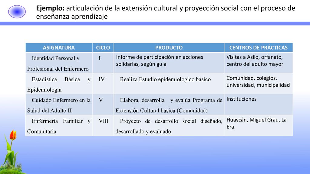 Ejemplo: articulación de la extensión cultural y proyección social con el proceso de enseñanza aprendizaje